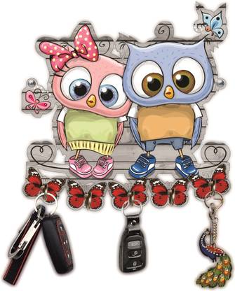 APS Art Plus Store Wall Decorative Wooden Key Holder, Beauitful Couple Owl Key Holder
