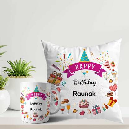 ARTBUG Happy Birthday Raunak Coffee Cup and Cushion with Filler Combo Name - Raunak Ceramic Coffee Mug
