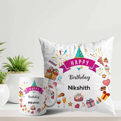 ARTBUG Happy Birthday Nikshith Coffee Cup and Cushion with Filler Combo Name - Nikshith Ceramic Coffee Mug