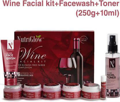 NutriGlow Beauty Combo of 3 Wine Facial Kit (250gm)|Red Wine Face Wash (100ml)|Red Wine Facial Toner(100ml)For Face Skin care|Glowing Skin|Deep Cleansing
