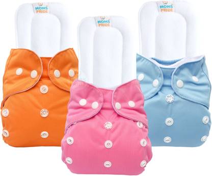 MOM'S PRIDE Reusable Solid Pocket Cloth Diapers With Microfiber Inserts Pack of 3 (Multicolor)
