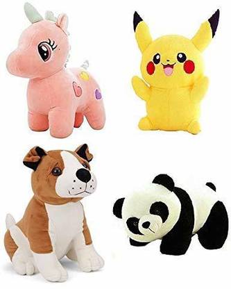 happykiddy Soft Stuff Toys 4 combo pack-Bull Dog Pink Unicorn Panda PIkakchu  - 30 cm