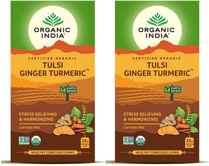 ORGANIC INDIA Tulsi Ginger Turmeric Tea - 25 Infusion Bags Tulsi, Ginger, Turmeric Instant Tea Bags Pouch