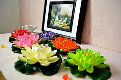 Kanha Artificial Floating Lotus Flowers with Rubber Leaf (Multi color) Set of 6 Multicolor Lotus Artificial Flower