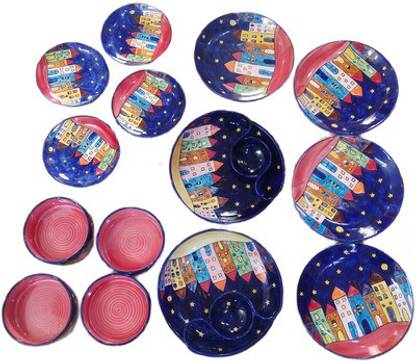 AAUTHENTICITY Pack of 14 Ceramic Seconds Sale Hand Painted Dinner Set- Building Cartoon Design Dinner Set