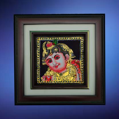 PMNM Arts Lord Krishna Tanjore Painting - 22 Carat Gold Foils Flat Type Canvas 12.9 inch x 12.9 inch Painting