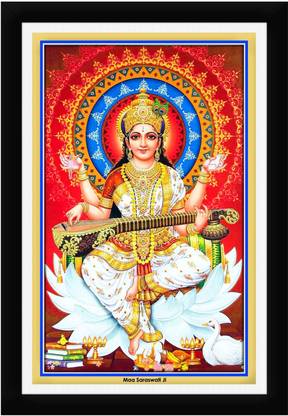 Braj Art Gallery Maa Saraswati seated on white Lotus Photo Frame Digital Reprint 19.5 inch x 13.5 inch Painting