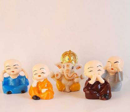 ROSHNI ART COMBO OF GANESHA AND SET OF 4 MONKS IN MULTI COLOURS Decorative Showpiece  -  6 cm