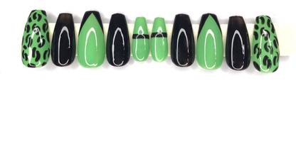 DURGAFASHIONHUB Green & Black Panther Print Artificial Nails With free Glue Pack of 12