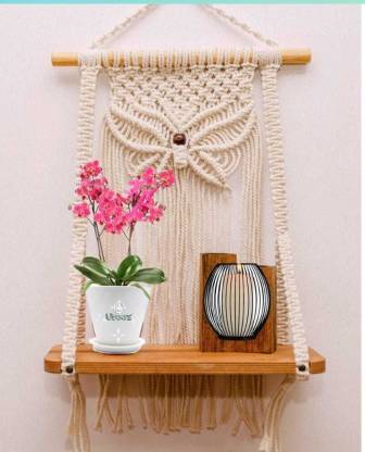 JANAKI SHOP Handmade Woven Cotton Rope Bohemian Home Wall Decor Wooden Wall Shelf