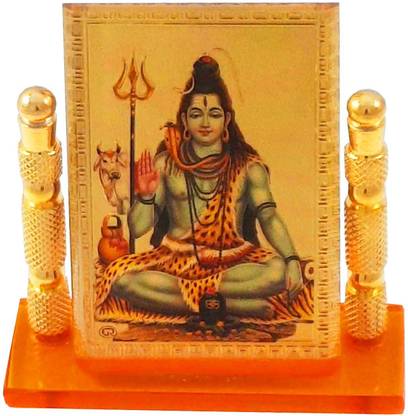 KIING Shiv Ji Gold Temple Idol in 3D View with Crystal Glass Frame for car Dashboard Decorative Showpiece  -  7 cm
