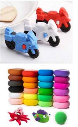imtion 2 in 1 ( 1 New bike shape eraser + 12 Pcs Multi colour bouncing clay )