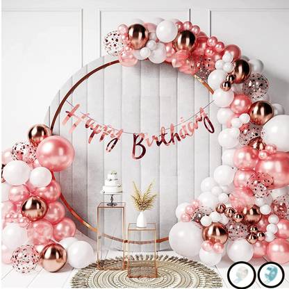 Bash N Splash Printed Rose Gold Cursive Happy birthday Confetti & Chrome Balloon Birthday Party 60 Pcs Balloon
