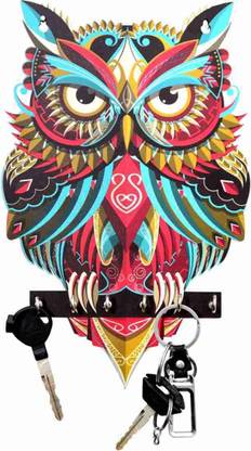 KM2 Designer Digital Print Owl Key Holder 6 Hooks Wood Key Holder