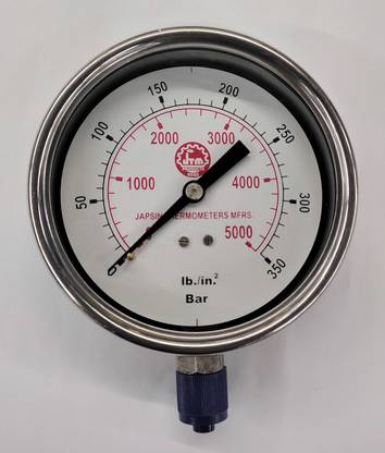 Japsin 0-5000 PSI Dial Pressure Gauge Dia 4"/ 100 MM, SS Body, Bottom Connection 3/8" Ring Gauge