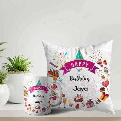 ARTBUG Happy Birthday Jaya Coffee Cup and Cushion with Filler Combo Name -Jaya Ceramic Coffee Mug