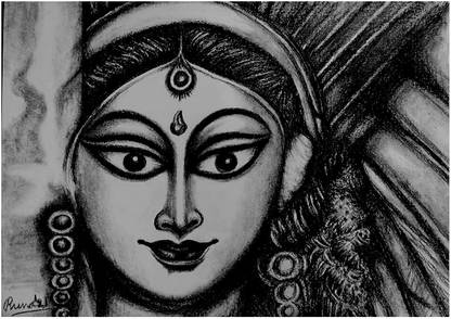 GreenPalette Durga Face Painting Charcoal 8.4 inch x 11.7 inch Painting