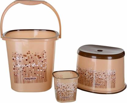 NAYASA Funk Square Plastic Bucket, Mug, Stool Bathroom Set (Brown, 3 Pcs, 1.5L) 30 L Plastic Bucket