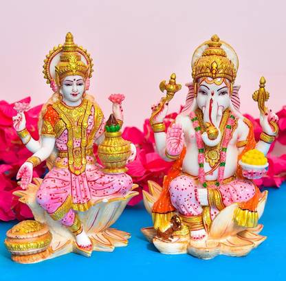Ishu handi artistic Marble Laxmi Ganesha Statue for home temple decoration Laxmi ganesh ji ki murti डेकोरेटिव शोपीस  -  18 cm