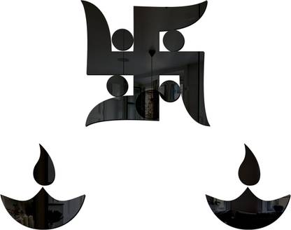 wall1ders 15 cm Swastik and 2 Diya Black Self Adhesive Sticker