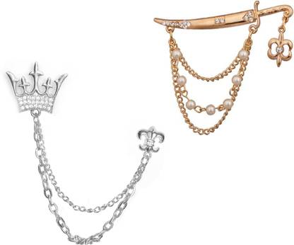 Aarohi Silver plated Rheinstone King Crown Pearl Chain Gold Finish Brooch Pin Brooch  (Silver)