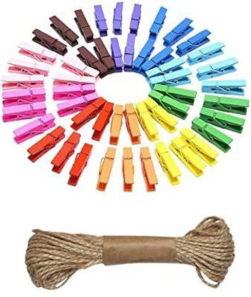 Just Flowers 50 Pcs Wooden Clip with 1 Jute Rope for Photo Hanging, Crafts and Décor