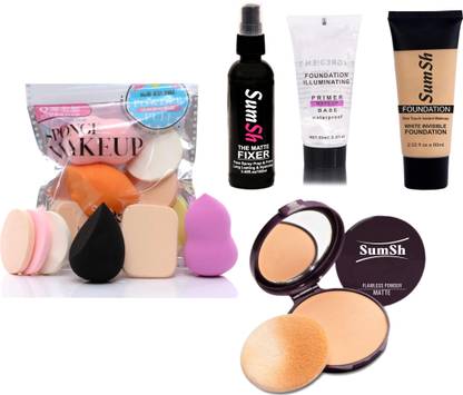 SumSh Fixer Spray 100ml, Primer 50ml, Foundation 60g, Compact Powder, Sponge and Makeup Puff