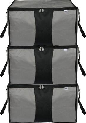 Billion Storage Bag Large Size Canvas Multi-Purpose Storage Bag/Clothing Storage Organizer/ with Zipper Closure And Strong Handle-Pack of 3 (Grey & Black)