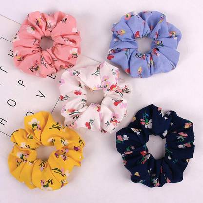ASG 5 Pcs Printed Elastic Fabric Scrunchies for Girls & Women - Multicolor Rubber Band