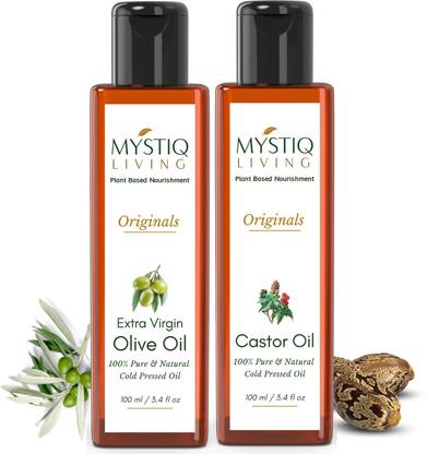 Mystiq Living Combo Extra Virgin Olive Oil & Castor Oil, For Skin & Hair (Cold Pressed) -Pack of 2 Hair Oil
