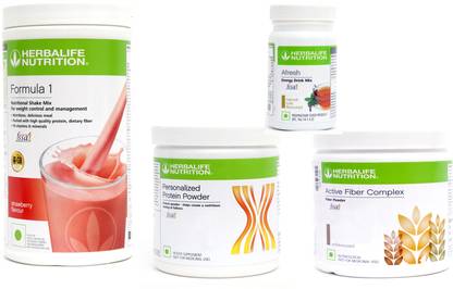 Herbalife Nutrition Formula 1 Strawberry + P- 200 & Active Fibre Complex + Afresh Tulsi Set of 4 Combo