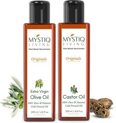 Mystiq Living Combo Extra Virgin Olive Oil & Castor Oil, For Skin & Hair (Cold Pressed) -Pack of 2 Hair Oil