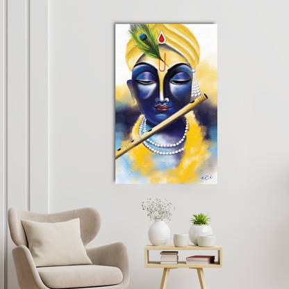 eCraftIndia Lord Krishna Playing Flute Original Design Canvas Printed Wall Painting Canvas 36 inch x 24 inch Painting