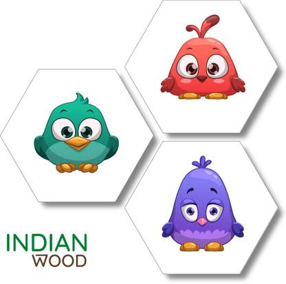 indian wood Cartoon Small Birds Modern Art Set of 3 Hexagon Wall Decor Digital Reprint 21 inch x 21 inch Painting