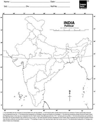 India Physical Map B/W Enhancing Early Learning, Kids Educational Activities Paper Print
