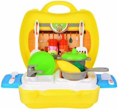 Kids Troupe Kitchen Set Cooking Toy with Briefcase and Accessories (Yellow) Non Toxic Plastic Toy