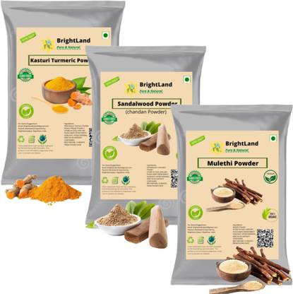 Brightland 100% organic Sandalwood (Chandan) ,Kasturi Turmeric & Mulethi Powder [60gm Each]