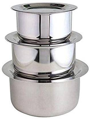 Sonanshi Patila/Bhagona/Tapeli/Handi Stainless Steel Tope with Lid Tope Set with Lid 4 L, 5 L, 6 L capacity 21.57 cm, 22.84 cm, 24.11 cm diameter
