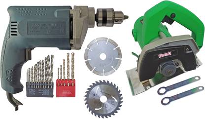 DUMDAAR 1400W 110mm Mable Cutting machine 2 Wheel 10mm Drill machine 13pc & 5pc M. bit Power & Hand Tool Kit