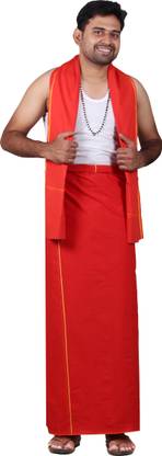 Prakasam Cotton Mens Red Colour Dhoti (1.28x2.00mtrs) & Matching Towel (33 inchx1.70mtrs) set Solid Men Dhoti