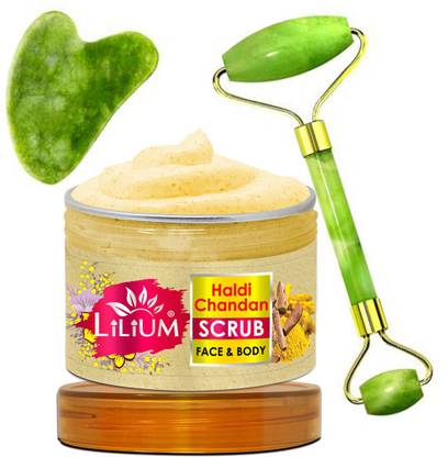 LILIUM Haldi Chandan Face & Body Scrub with Deep Exfoliating & Double Side Face Roller