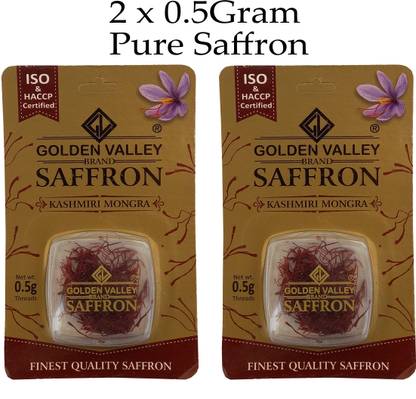 GOLDEN VALLEY Saffron 1 Gram 100% Pure Original Kashmiri Saffron for Pregnant Women, Biryani, Fair Skin, Milk, Tilak Certified ISO A1++ Best Highest Quality Premium Mogra Saffron / Kumkumapuvvu/ Kesar/ Keshar - (Pack of-2)X0.5gm