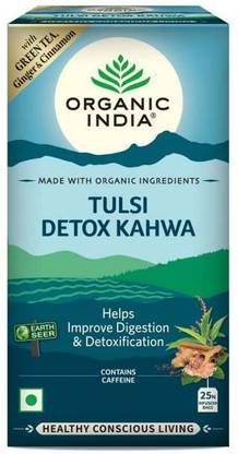 ORGANIC INDIA Tulsi Detox Kahwa 25 IB Tulsi, Ginger, Cinnamon, Black Pepper, Cloves Green Tea Bags Box