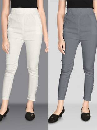 Regular Fit Women White, Grey Trousers