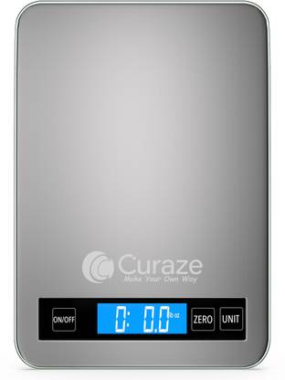 Curaze Premium 10 Kg Digital Kitchen Weighing Scale for Home (Larger, More Sturdy, More Features), Portable Electronic Food Weight Machine for Baking, Health and Diet, 1 Year Warranty & Batteries Included (Silver) Weighing Scale