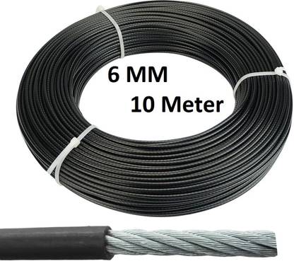ivee international Gym Machine Wire Rope PU Coated Cable Inside Steel (Black) (6 MM, 10 Meter) Climbing Pulley