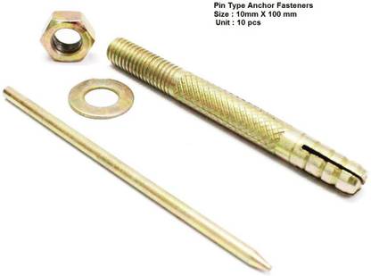 SS SASHA Nut & Bolt Set Zinc Plated Pin Type Anchor Fastner ( 10mm x 100mm )Pack of 10 PCS (Gold)