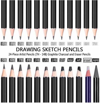 Craftacious 24Pc Sketch/Drawing Pencil Set - 19 Graphite, 3 Charcoal, 1 Woodless & 1 Eraser Pencil