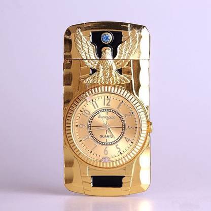 Explorer Golden Watch Pocket Size Jet Flame Lighter A025 | Butane Gas Refillable System ™ Jet Flame Watch Lighter & Flashing Light 4 Colors in Watch | Metal Pocket Lighter