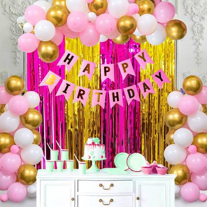 Prihit Pink and Gold Birthday Decoration Party Supplies for Women Girls(Pack of 35)